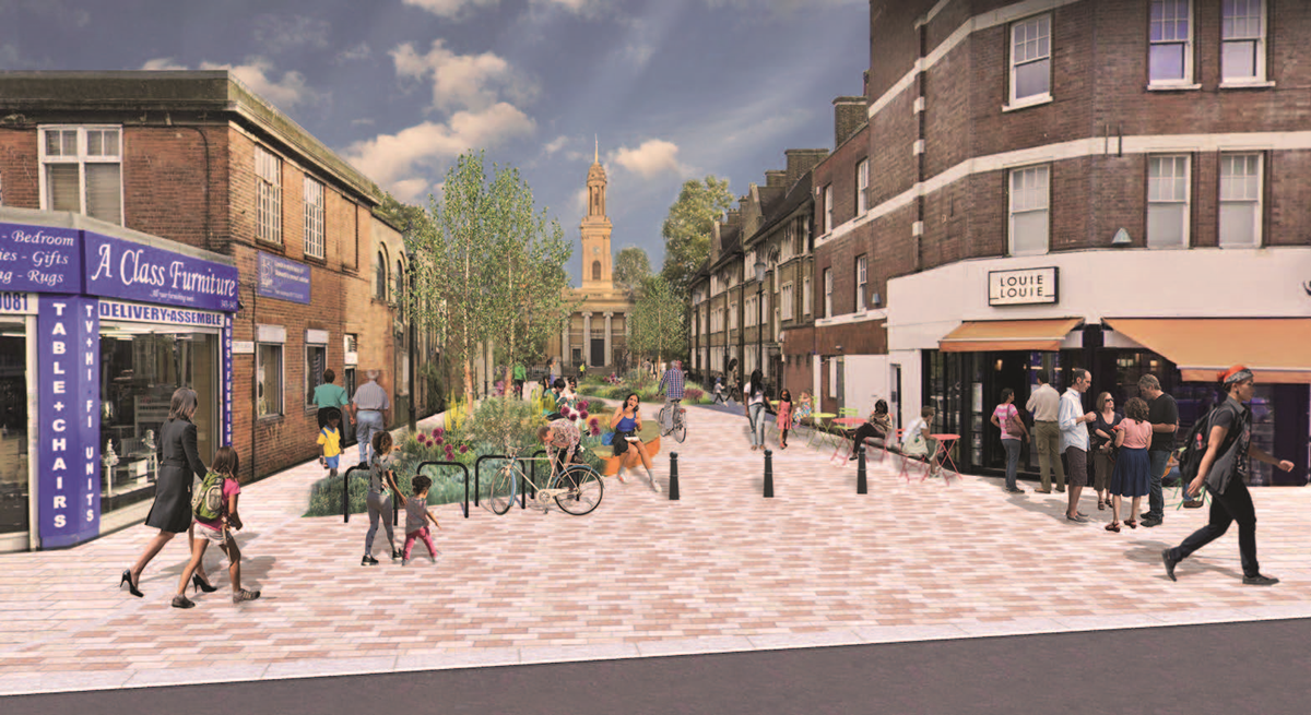 Initial design from Walworth Road showing new paving, a car-free environment using bollards, more greenery, planting and seating, more space for local businesses.